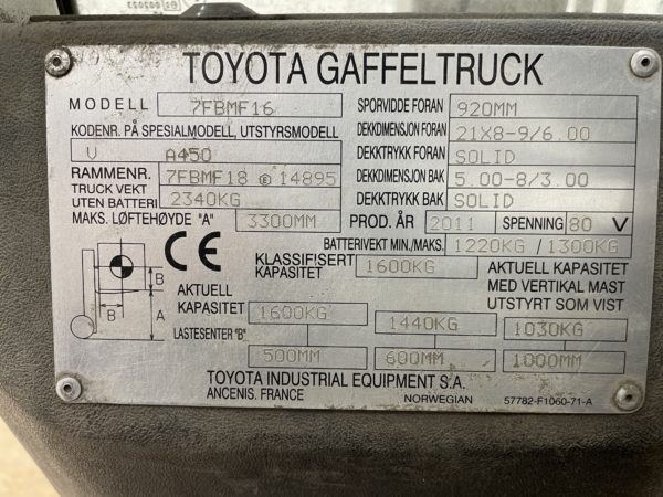 Begagnad motviktstruck Toyota 1600 kg